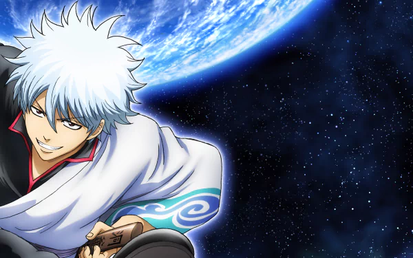HD PC desktop wallpaper featuring Gintoki Sakata from the anime Gintama, set against a vibrant space background with a glowing blue planet.