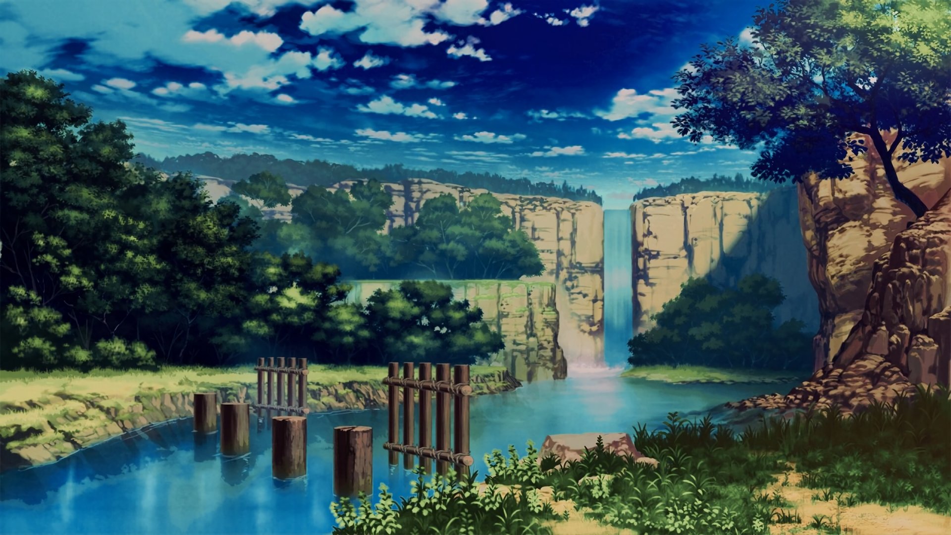 An HD anime-style wallpaper depicting a serene landscape with lush greenery, a flowing river, a waterfall, and clear blue skies.