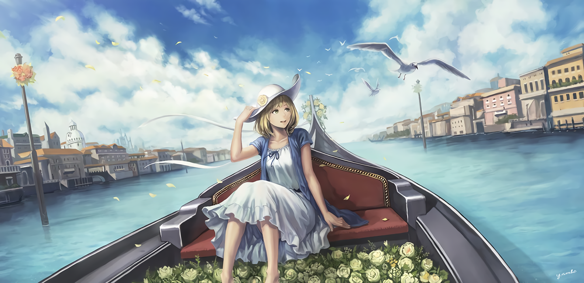 HD anime wallpaper of an original character in a blue dress and hat, sitting on a flower-covered boat with a cityscape and seagulls in the background. The sky is bright and filled with fluffy clouds.
