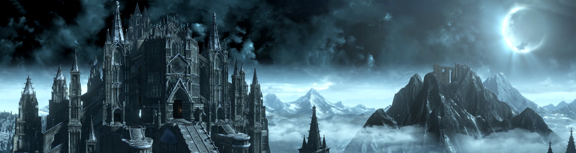 HD desktop wallpaper from Dark Souls III featuring a dark castle under a brooding night sky with distant mountains shrouded in mist.