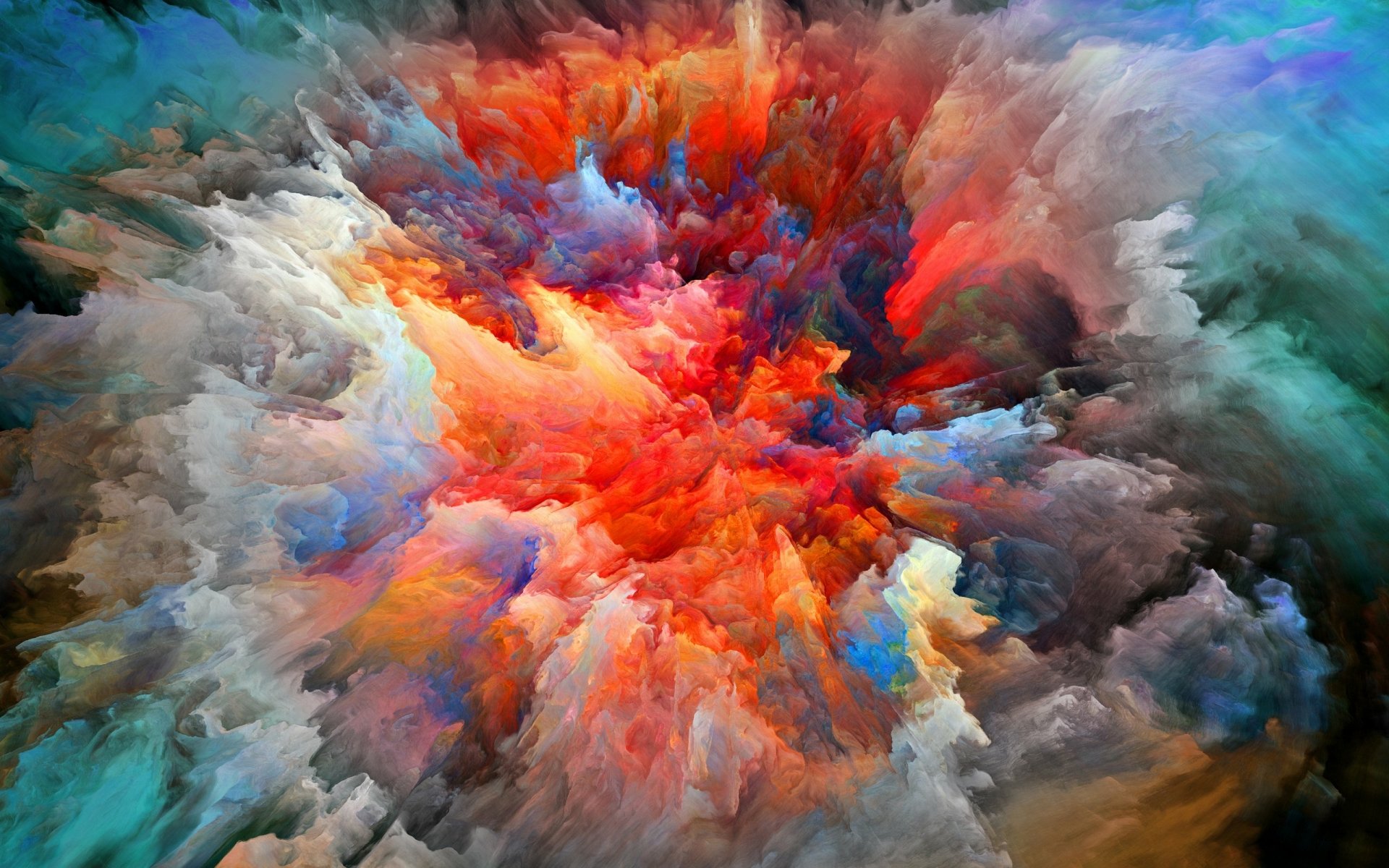 HD abstract PC desktop wallpaper featuring a vibrant explosion of swirling colors with dynamic reds, blues, and grays blending into an artistic cloud-like formation.