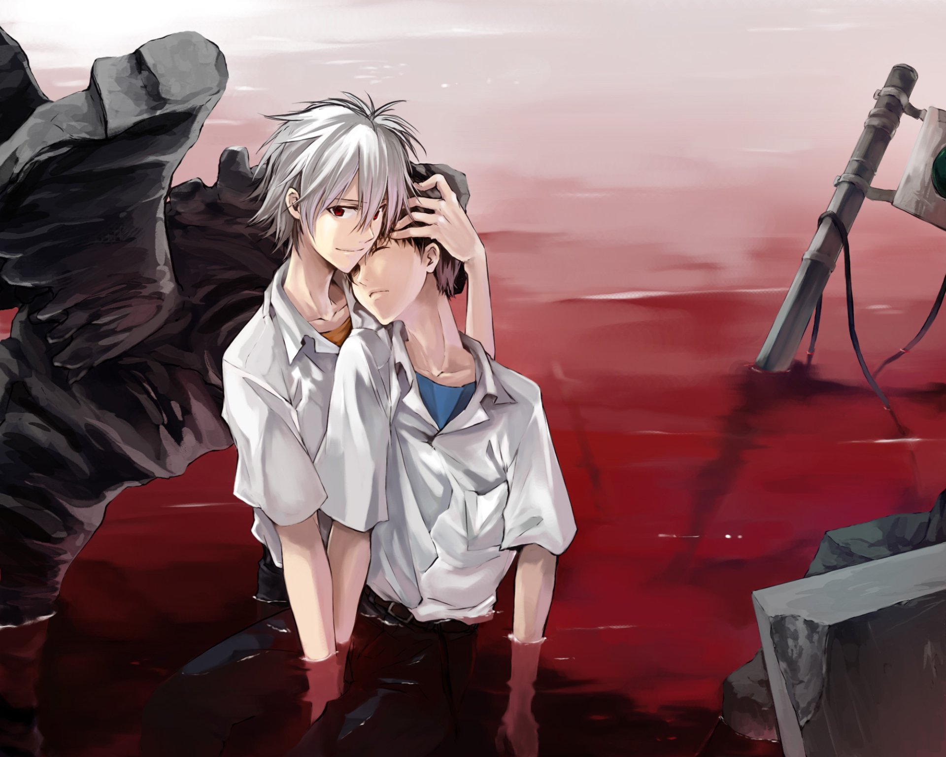 HD anime desktop wallpaper featuring Shinji Ikari and Kaworu Nagisa from Neon Genesis Evangelion, with a dramatic red background and emotional pose.