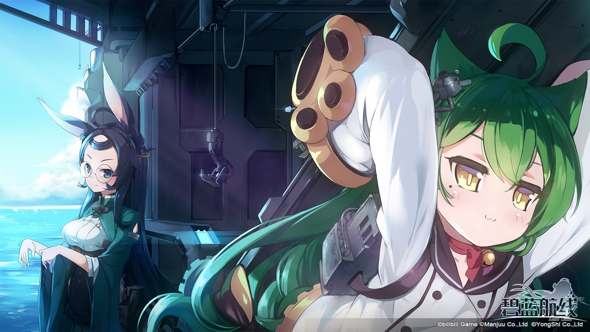 Anime wallpaper featuring characters Akashi from Azur Lane, depicting a detailed and vibrant scene with two figures on a ship. High-definition desktop background, tagged under Bilan Hangxian and Azur Lane.