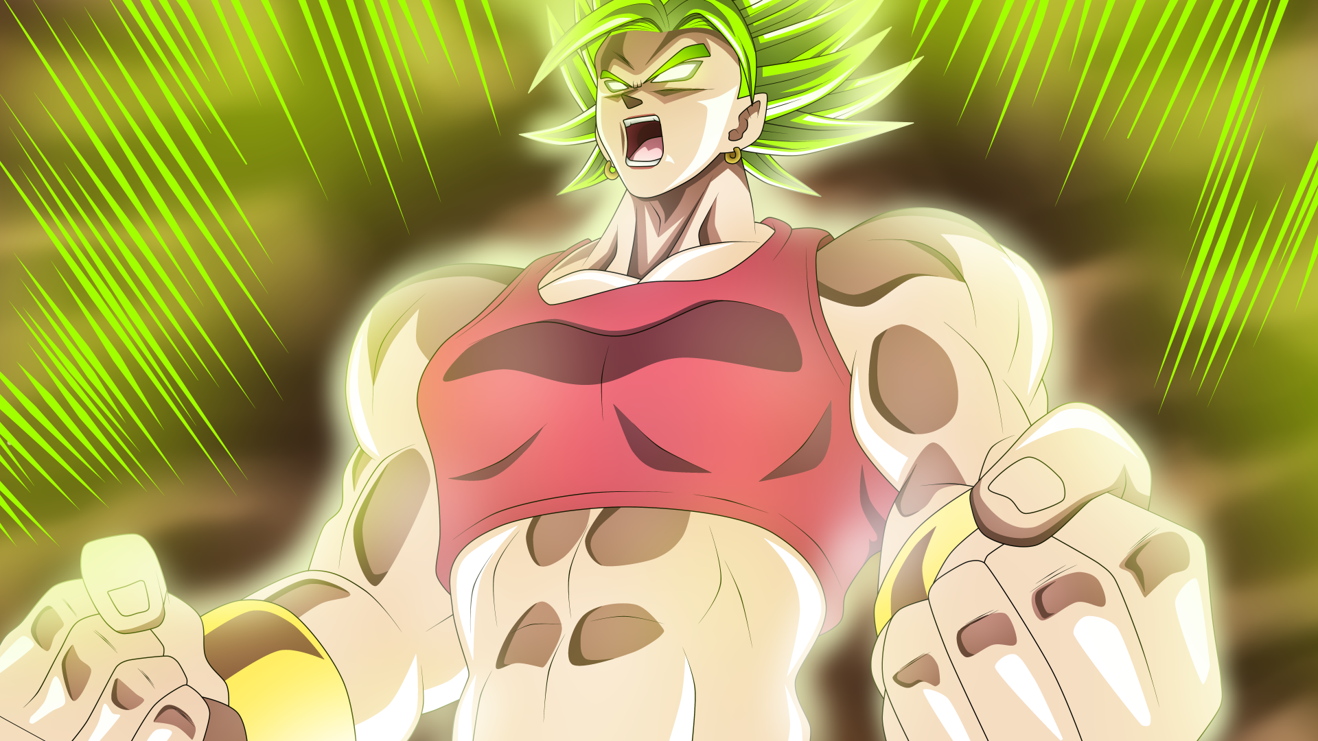 Kale from Dragon Ball Super powers up in glowing green aura, depicted in vibrant 8K Ultra HD anime-style wallpaper for PC desktop background.