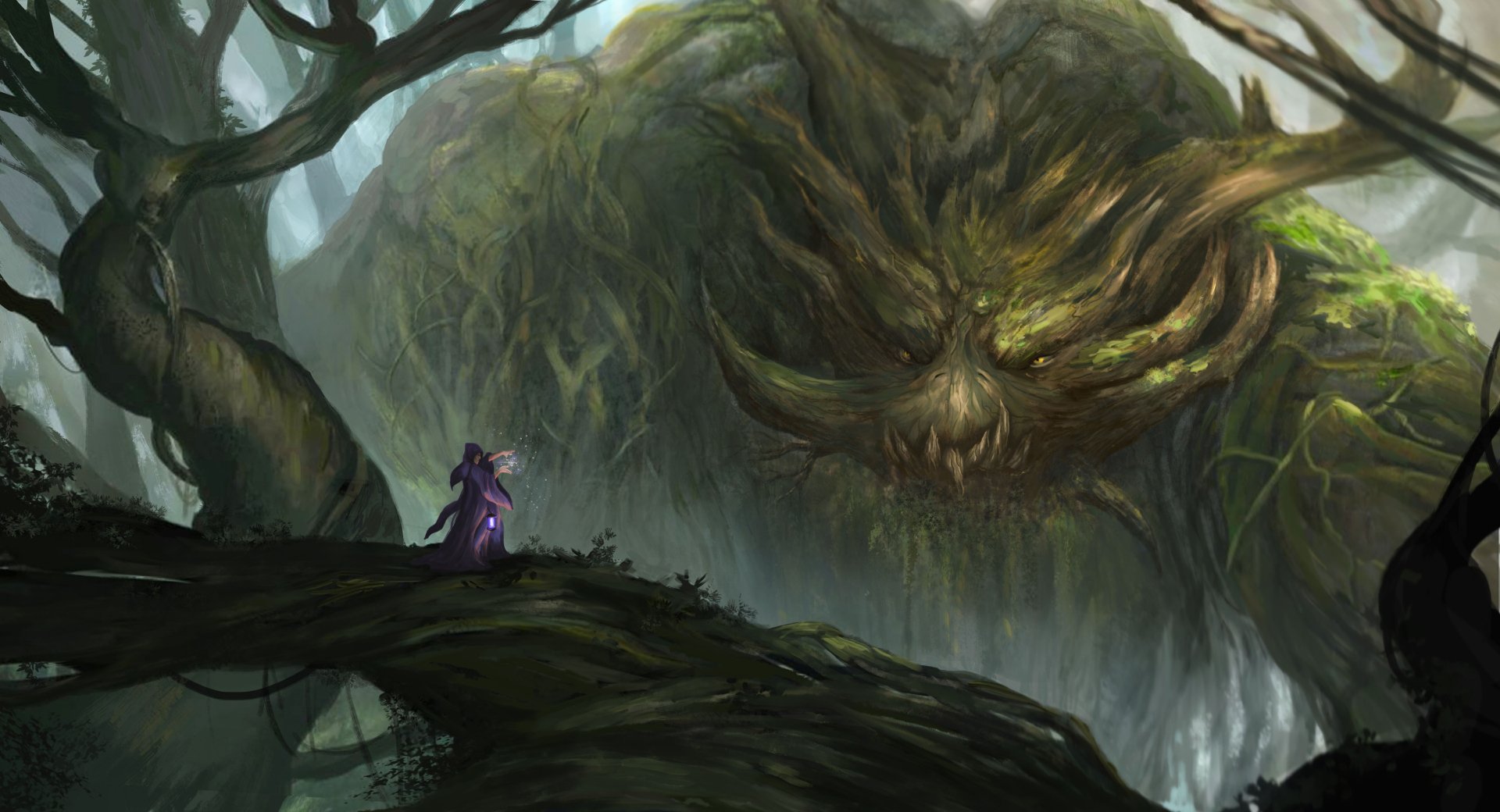 A giant forest creature faces a small witch amidst dense, mystical woodland in this detailed 4K Ultra HD fantasy scene.
