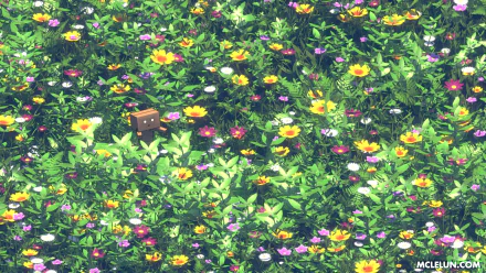 HD desktop wallpaper featuring Danbo, an anime character, nestled among vibrant flowers in a lush, green garden. The scene is rich with colorful blooms and dense foliage.