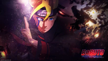HD PC desktop wallpaper featuring Boruto Uzumaki in anime style, showcasing his Jōgan eye with dynamic lighting and action elements from the Boruto series.