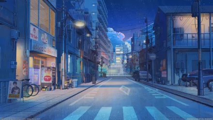 HD desktop wallpaper of an empty night street scene from the video game Love, Money, Rock'n'Roll, featuring quiet urban buildings, streetlights, and a serene sky with scattered clouds.