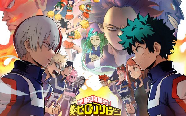 HD wallpaper featuring characters from the anime My Hero Academia, with a dramatic scene showing a standoff between two prominent characters and multiple others in the background.