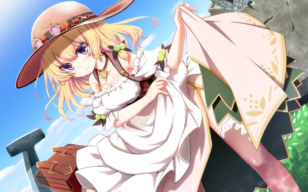 HD PC desktop wallpaper featuring Maronie from Flower Knight Girl, depicted in anime style with a flowing white dress and wide-brimmed hat against a bright sky.
