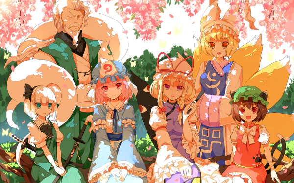 HD PC desktop wallpaper of Touhou anime characters Chen, Youki Konpaku, Youmu Konpaku, Yuyuko Saigyouji, Ran Yakumo and Yukari Yakumo posing beneath cherry blossoms.