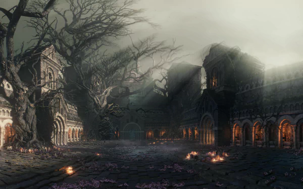 Dark Souls III 4K Ultra HD PC wallpaper depicting a dark, eerie courtyard with twisted trees and gothic architecture under a foggy sky.