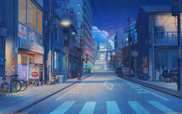 HD desktop wallpaper of an empty night street scene from the video game Love, Money, Rock'n'Roll, featuring quiet urban buildings, streetlights, and a serene sky with scattered clouds.
