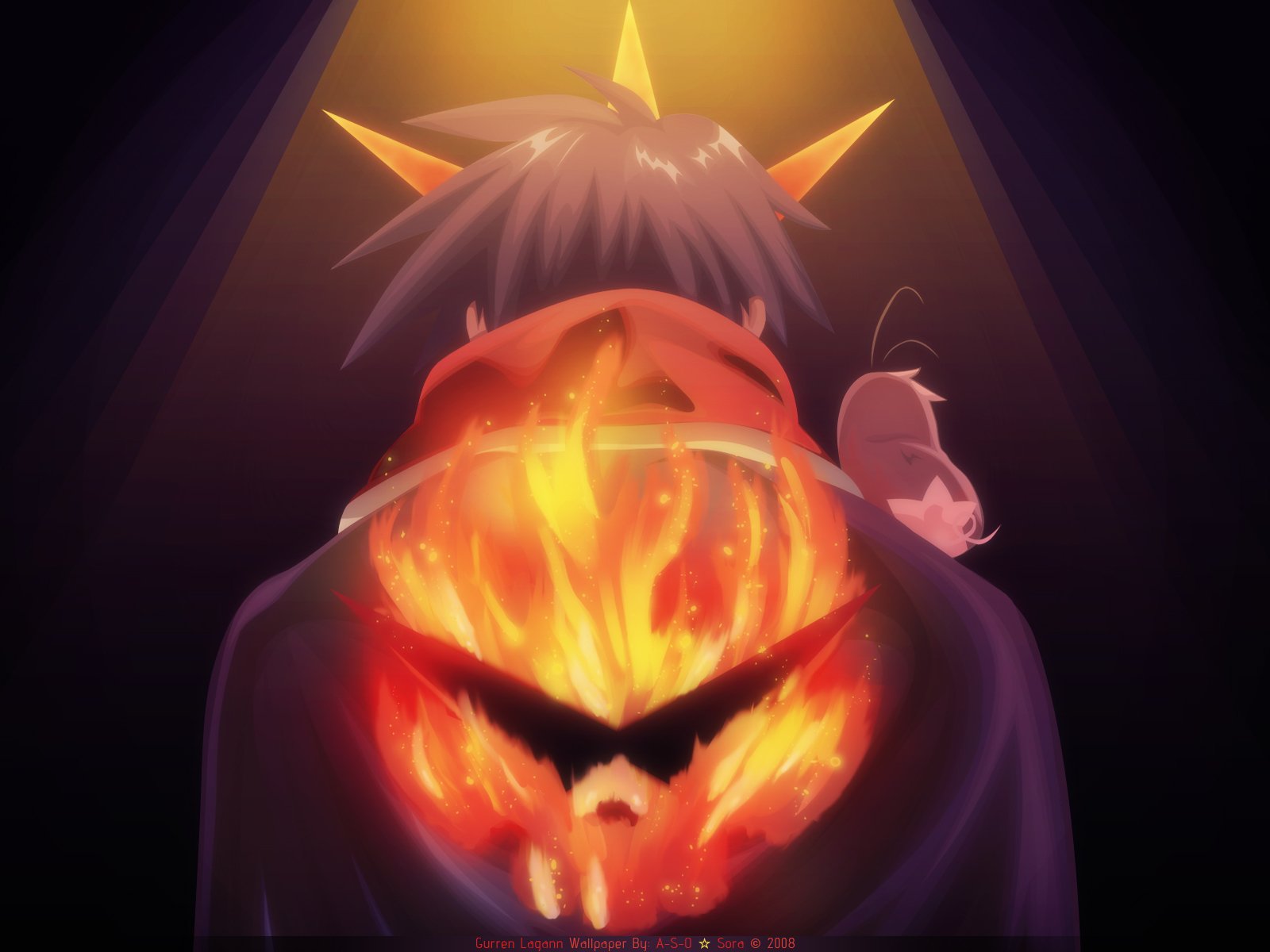 HD PC desktop wallpaper featuring Simon from the anime Tengen Toppa Gurren Lagann, showcasing a dramatic fiery effect with bold lighting and intense colors.