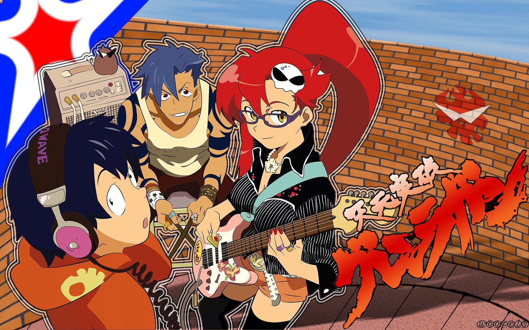 HD PC desktop wallpaper of Tengen Toppa Gurren Lagann: Yoko Littner playing a guitar, Kamina and Simon on a rooftop with the series' stylized logo.