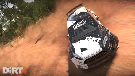 HD wallpaper of a car from Dirt 4 kicking up dust on a rally track.