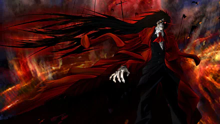HD desktop wallpaper featuring Alucard from the anime Hellsing, depicted in a dramatic pose with a fiery background.