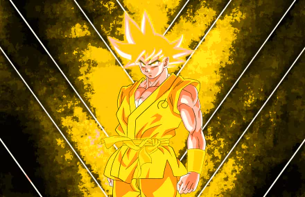 HD desktop wallpaper featuring Super Saiyan Goku from Dragon Ball Super, set against a vibrant yellow and black geometric background.