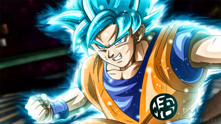 HD desktop wallpaper featuring Goku from Dragon Ball Super, showcasing his blue Super Saiyan form with an intense expression and glowing aura.