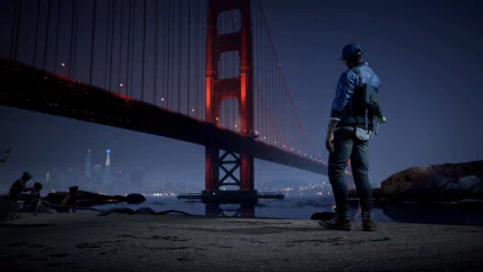HD desktop wallpaper featuring a night scene from Watch Dogs 2 with a character standing by the illuminated Golden Gate Bridge in San Francisco.