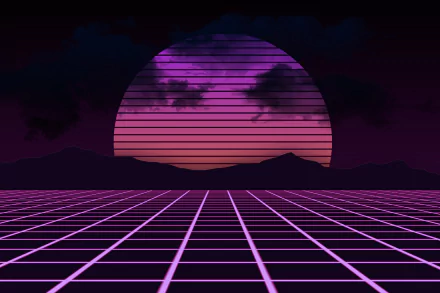 Retro wave HD wallpaper featuring a geometric pink grid extending into the horizon with a large, striped, purple sun setting behind mountains against a dark, cloudy sky.