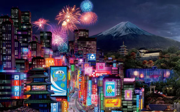 Vibrant nighttime Tokyo with neon signs, fireworks above Mount Fuji, in Cars 2 movie style — HD PC desktop wallpaper background.