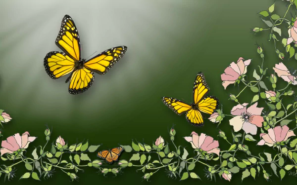HD PC desktop wallpaper and background: artistic green scene with ivy vines and leaves, pink flowers along the border, and three yellow butterflies in flight.