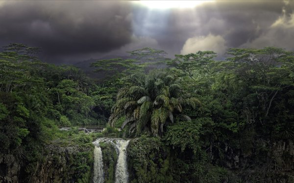 Earth Waterfall Waterfalls Rainforest Tropical Forest Jungle Tree Green Cloud Sunbeam Sunshine HD Wallpaper | Background Image