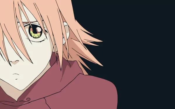 HD PC desktop wallpaper of Haruko Haruhara from FLCL: close-up of her left face and green eye, pink hair and red jacket against a dark navy background.