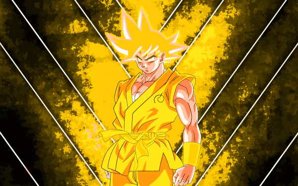 HD desktop wallpaper featuring Super Saiyan Goku from Dragon Ball Super, set against a vibrant yellow and black geometric background.