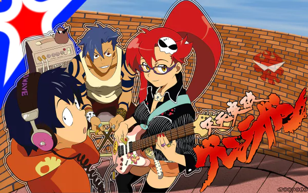 HD PC desktop wallpaper of Tengen Toppa Gurren Lagann: Yoko Littner playing a guitar, Kamina and Simon on a rooftop with the series' stylized logo.