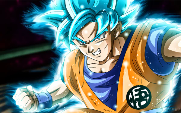 HD desktop wallpaper featuring Goku from Dragon Ball Super, showcasing his blue Super Saiyan form with an intense expression and glowing aura.