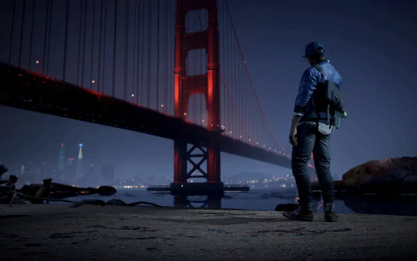 HD desktop wallpaper featuring a night scene from Watch Dogs 2 with a character standing by the illuminated Golden Gate Bridge in San Francisco.