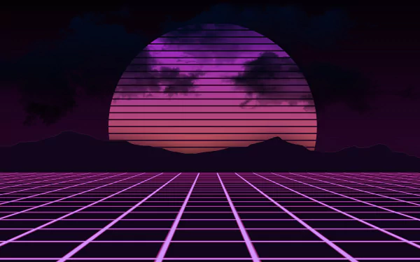 Retro wave HD wallpaper featuring a geometric pink grid extending into the horizon with a large, striped, purple sun setting behind mountains against a dark, cloudy sky.