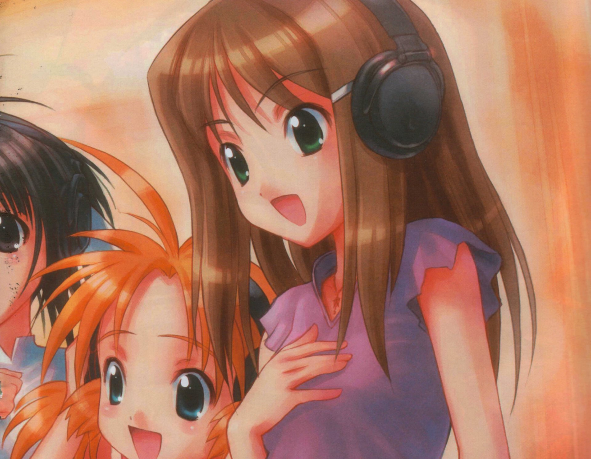 Anime 2K Quad HD PC desktop wallpaper and background showing cheerful girls; one with long brown hair wearing large headphones against a warm pastel backdrop.