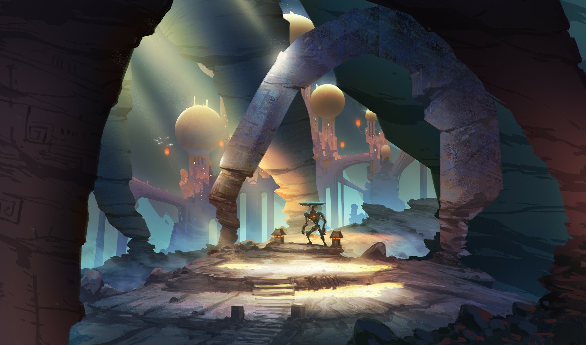 HD PC desktop wallpaper: ancient stone arches frame a glowing sci‑fi cityscape as a lone robot wanders sunlit ruins in this futuristic city landscape.