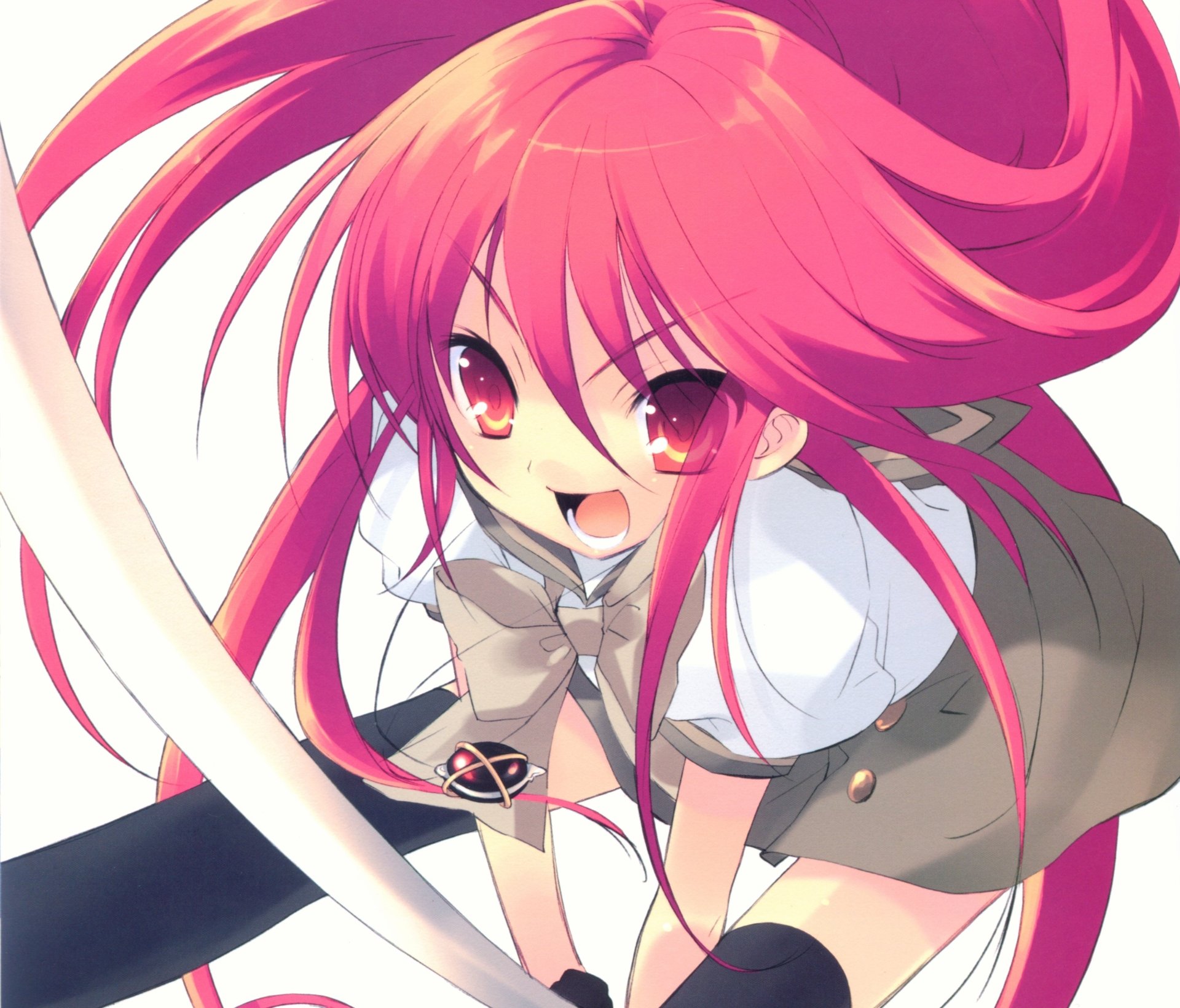 Shana (Shakugan No Shana), energetic pink-haired anime girl in school uniform with fiery eyes and a dynamic pose — 4K Ultra HD PC desktop wallpaper/background.