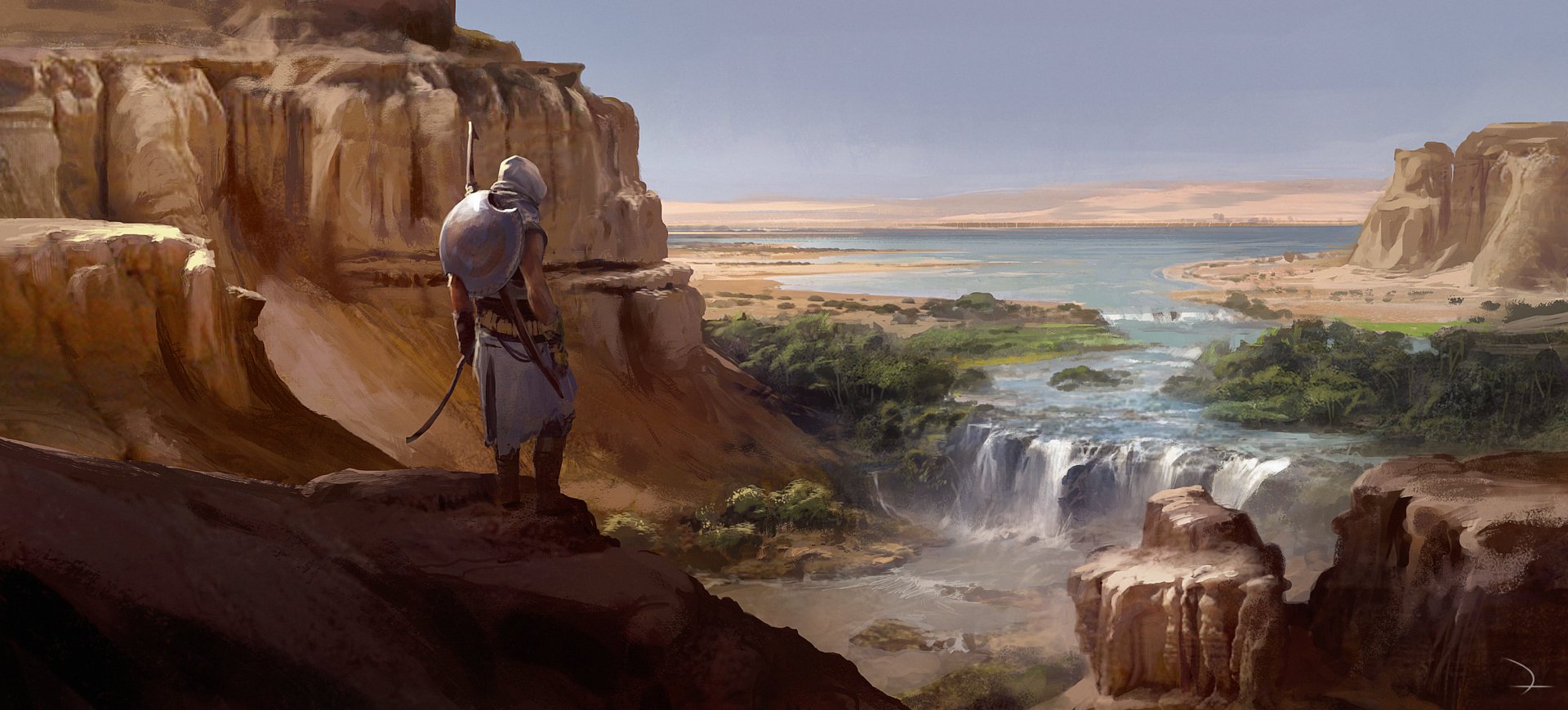A stunning HD desktop wallpaper featuring Bayek of Siwa from Assassin's Creed Origins, overlooking a picturesque landscape with waterfalls and desert terrain in detailed concept art.
