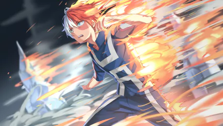 A high-definition wallpaper of Shoto Todoroki from My Hero Academia. The image features Todoroki ablaze with his fiery power in a dynamic action scene, set against a dramatic background.