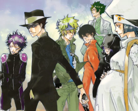 HD PC desktop wallpaper featuring anime characters Verde, Skull, Viper, and Colonnello from Katekyō Hitman Reborn! standing together in dynamic poses.