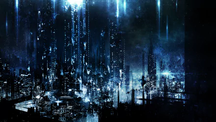 Futuristic anime cityscape at night featuring IA from Vocaloid, glowing skyscrapers and vibrant blue lights in an HD desktop wallpaper style.