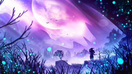 HD desktop wallpaper featuring a fantasy warrior samurai standing amidst a purple-hued landscape with mountains, trees, and an enormous moon illuminating the scene with a blue and purple ethereal glow.