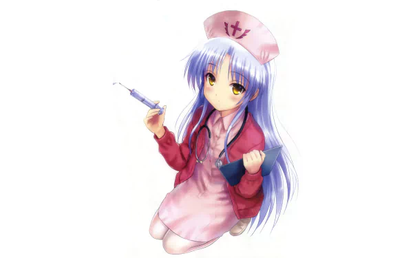 4K Ultra HD Anime wallpaper featuring a character from Angel Beats! dressed as a nurse, holding a syringe and a clipboard against a white background.