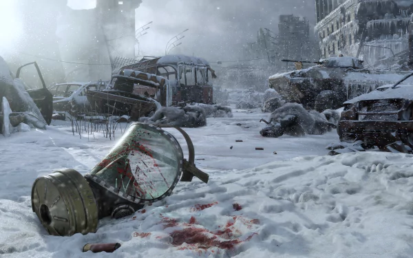 HD desktop wallpaper of Metro Exodus with a snow-covered, post-apocalyptic landscape featuring a gas mask and blood stains in the foreground amid dilapidated vehicles and ruins.