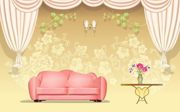 Artistic Room Couch Pink Curtain Flower HD Wallpaper | Background Image