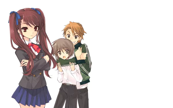 Anime HD desktop wallpaper featuring Izumi Akazawa with twintails and skirt, alongside Naoya Teshigawara and Yuuya Mochizuki from Another, all with distinct long hair styles.