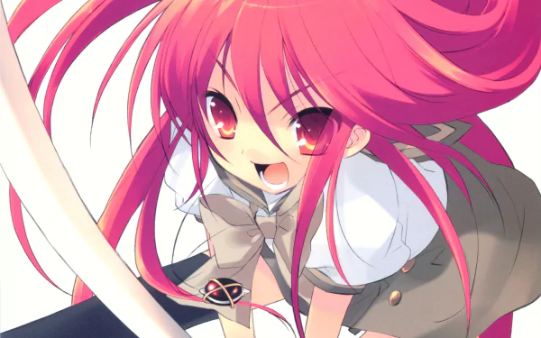 Shana (Shakugan No Shana), energetic pink-haired anime girl in school uniform with fiery eyes and a dynamic pose — 4K Ultra HD PC desktop wallpaper/background.