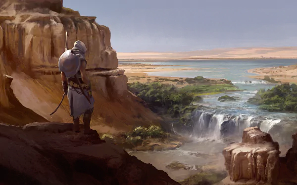 A stunning HD desktop wallpaper featuring Bayek of Siwa from Assassin's Creed Origins, overlooking a picturesque landscape with waterfalls and desert terrain in detailed concept art.