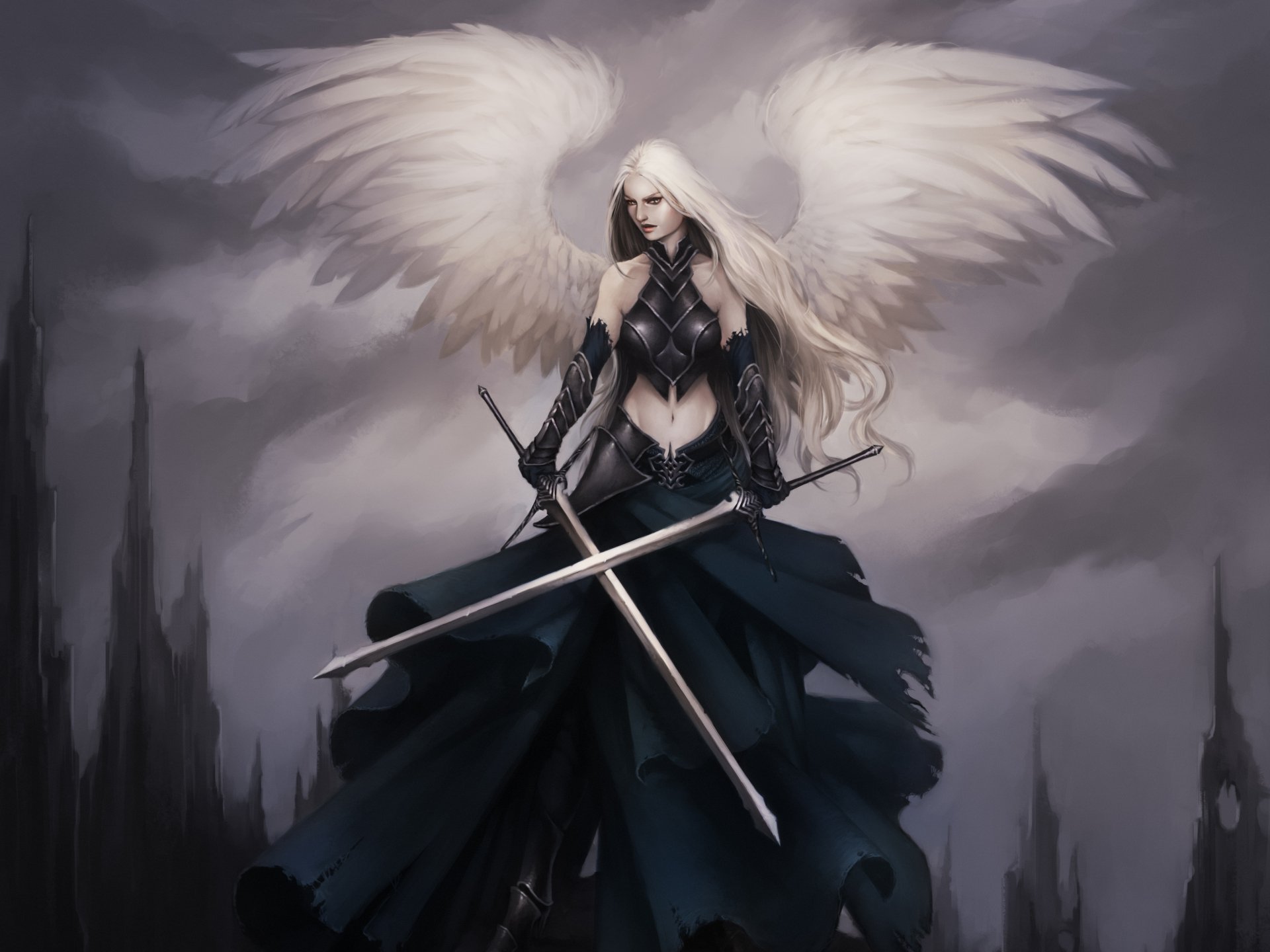 HD wallpaper of a fantasy warrior angel with white hair, wielding two swords and sporting large wings, set against a dark, mystical background.