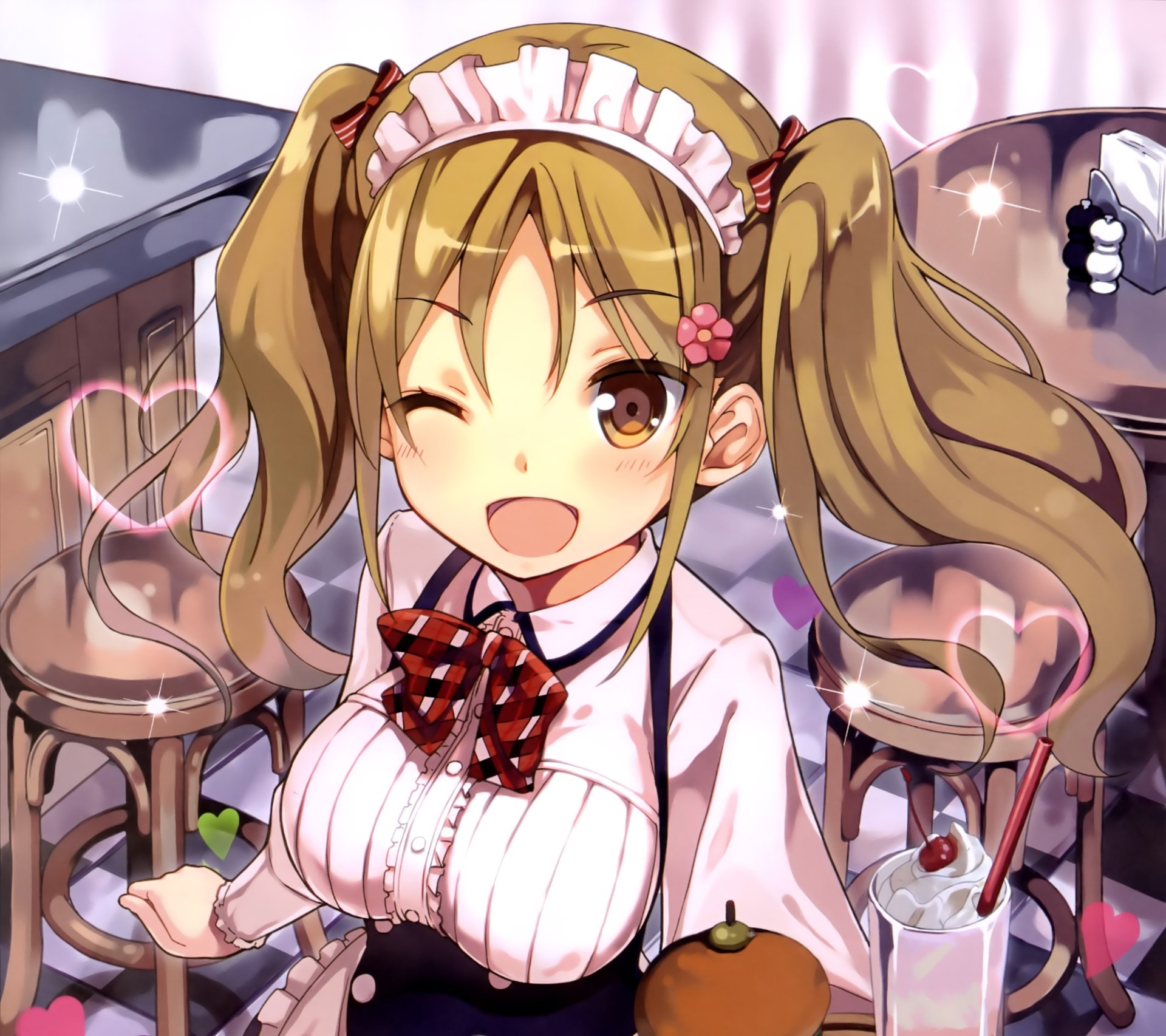 Anime original maid with brown twintails and brown eyes winks, wearing a ribbon and apron in a cozy cafe — 2K Quad HD PC desktop wallpaper/background.